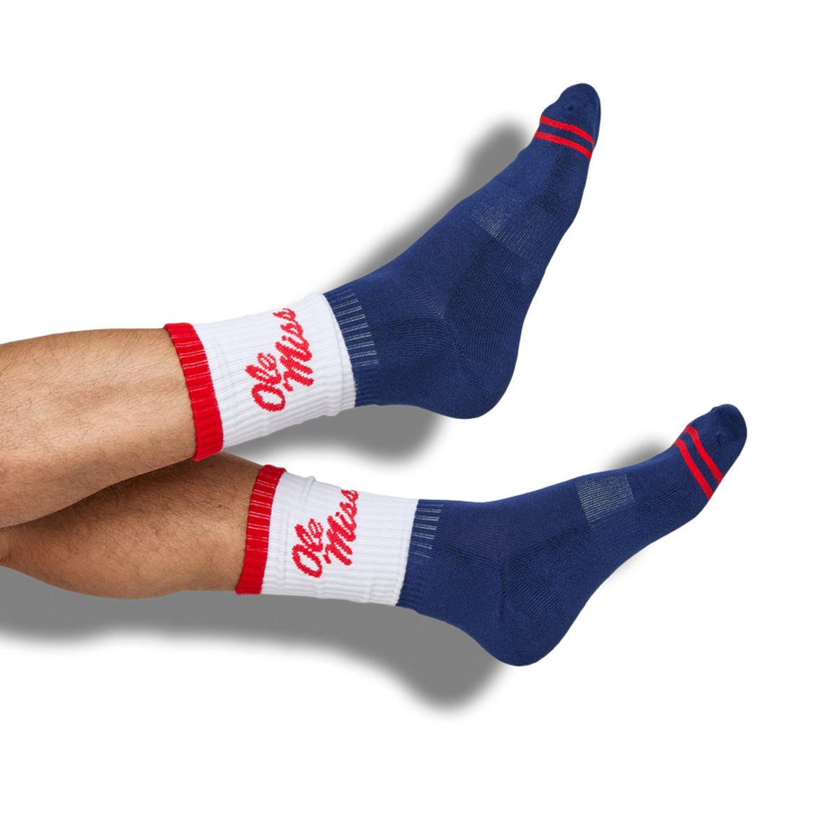 Navy crew socks with white cuff bands featuring Ole Miss script and red stripes