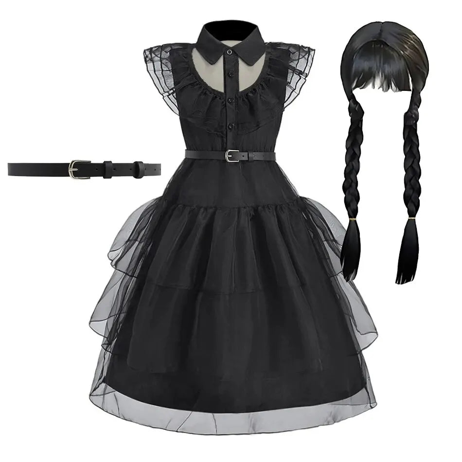 Black princess costume dress for kids with puff sleeves, belt, and layered tulle skirt
