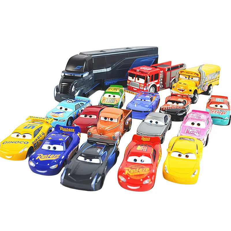 Assorted diecast race car models, multiple vehicles in varied colors