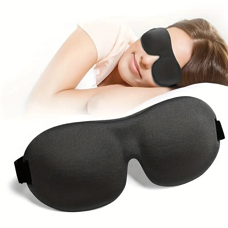 Black 3D contoured sleep eye mask with elastic strap, blocking eye light