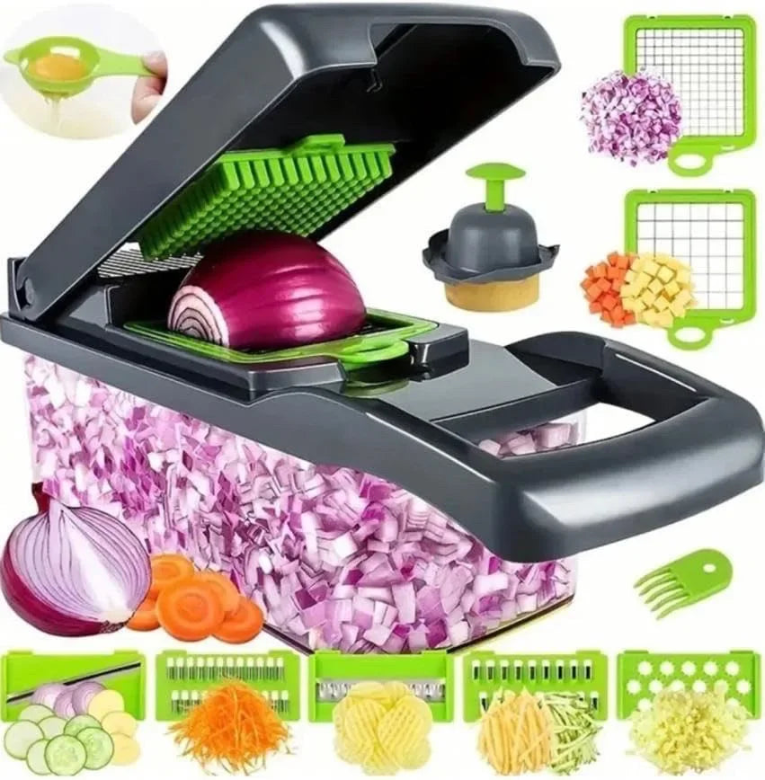 Vegetable chopper slicer close-up, gray handle with green blade plate and diced onion