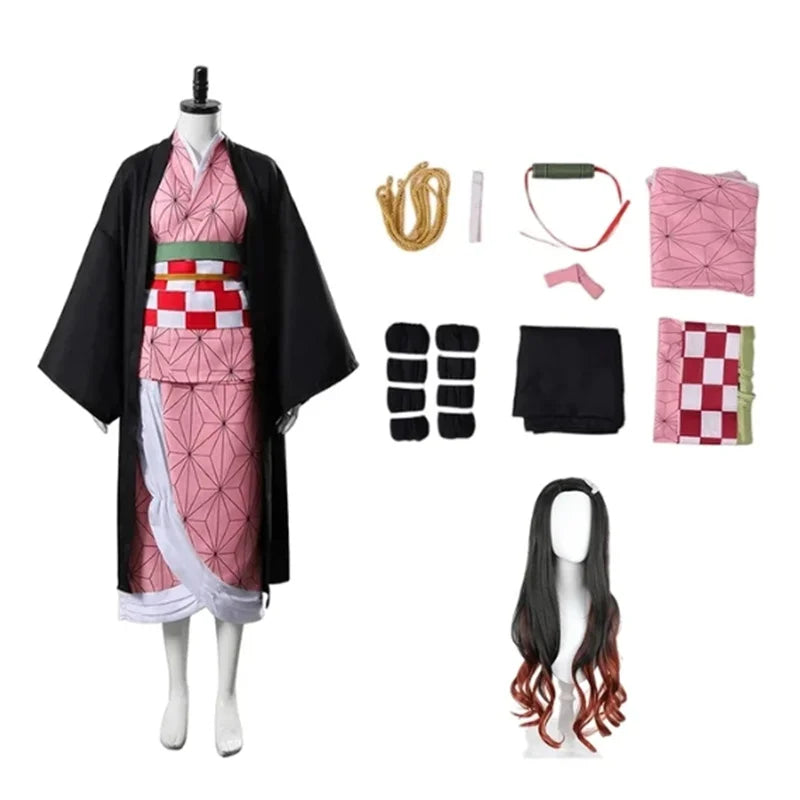 Pink patterned kimono cosplay with black haori and check obi belt on mannequin; plus wig pieces
