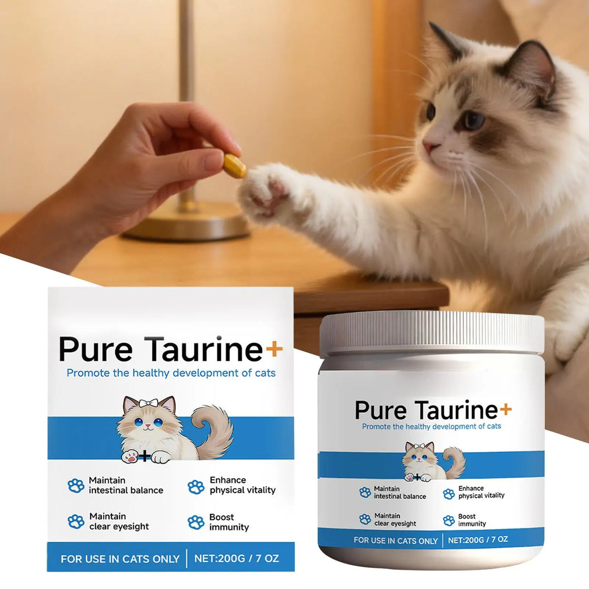 Cat taurine supplement jar with gray lid beside cat being fed.