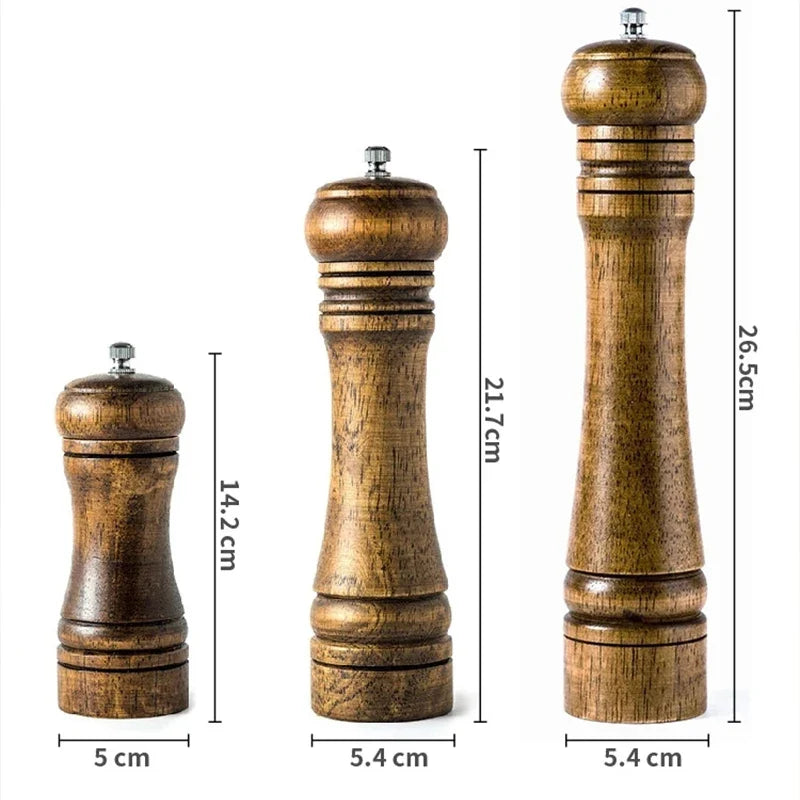 Oak wood pepper mill set with multiple sizes shown side by side