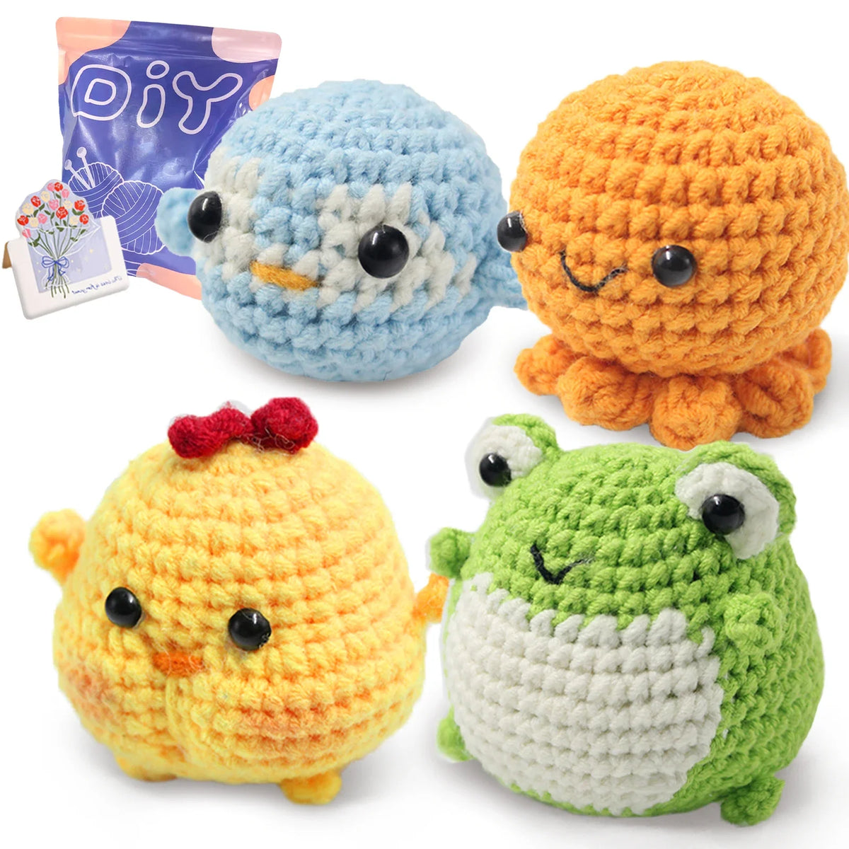 Set of crocheted animal plush toys in blue, orange, yellow, and green with cute faces