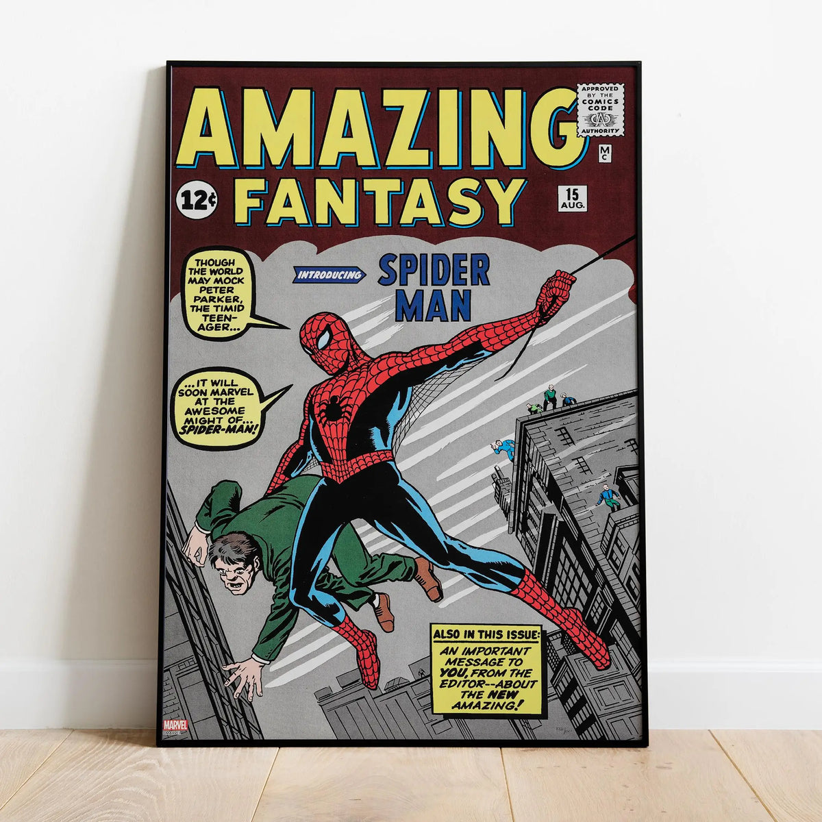 Spider-Man comic cover canvas poster, yellow-green with Spider-Man leaping