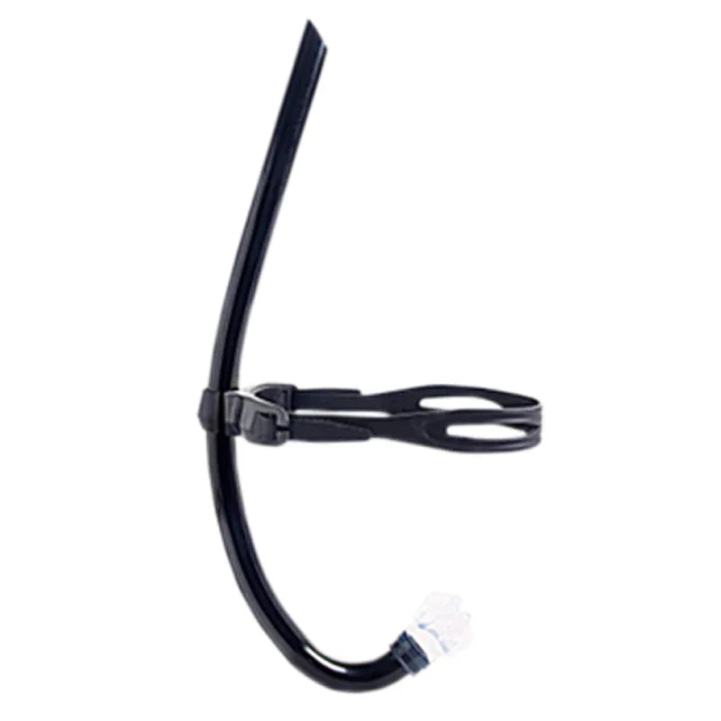 Swim training snorkel with center-mount silicone mouthpiece, black curved tube