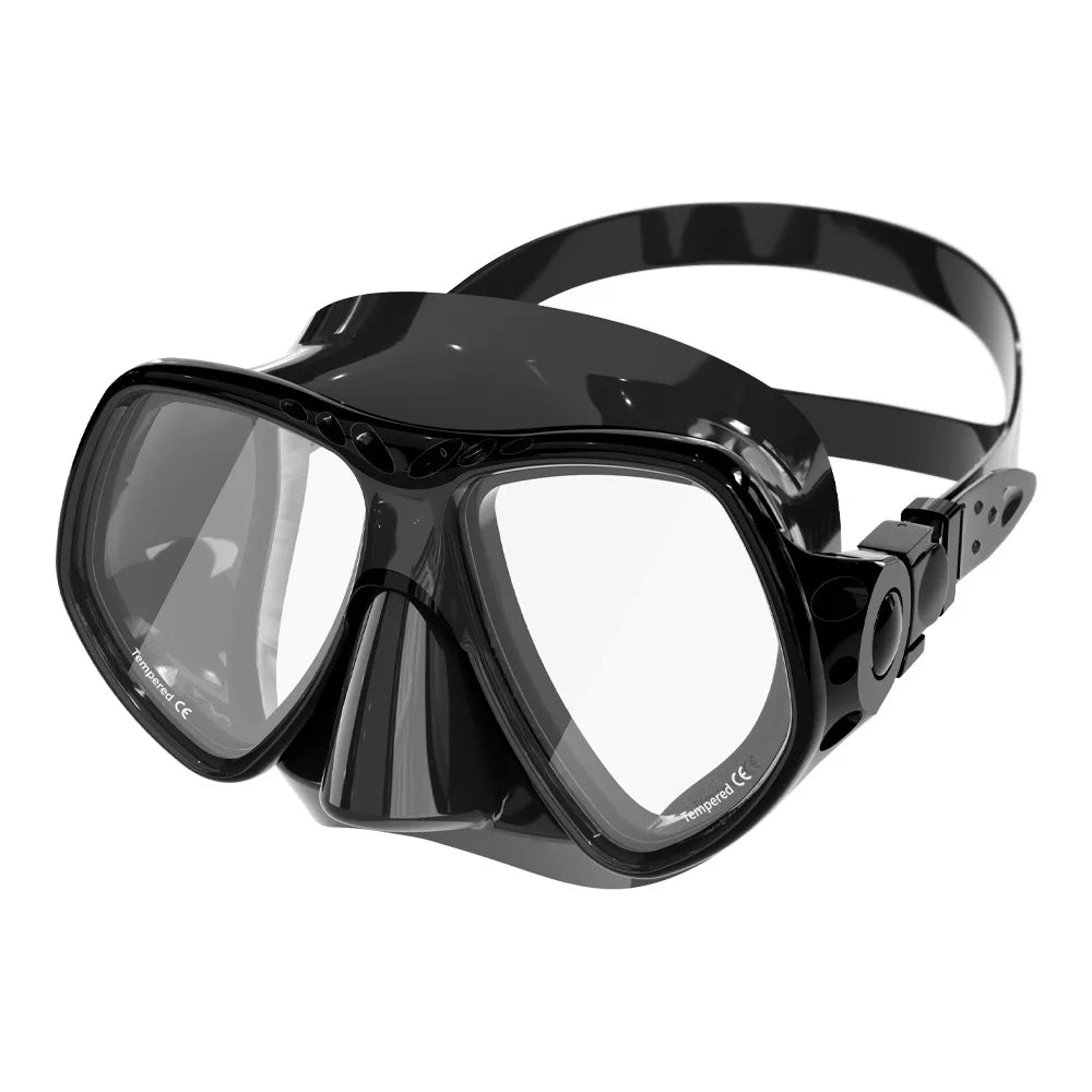 Black scuba diving goggles with tinted tempered lenses and adjustable head strap, silicone skirt.