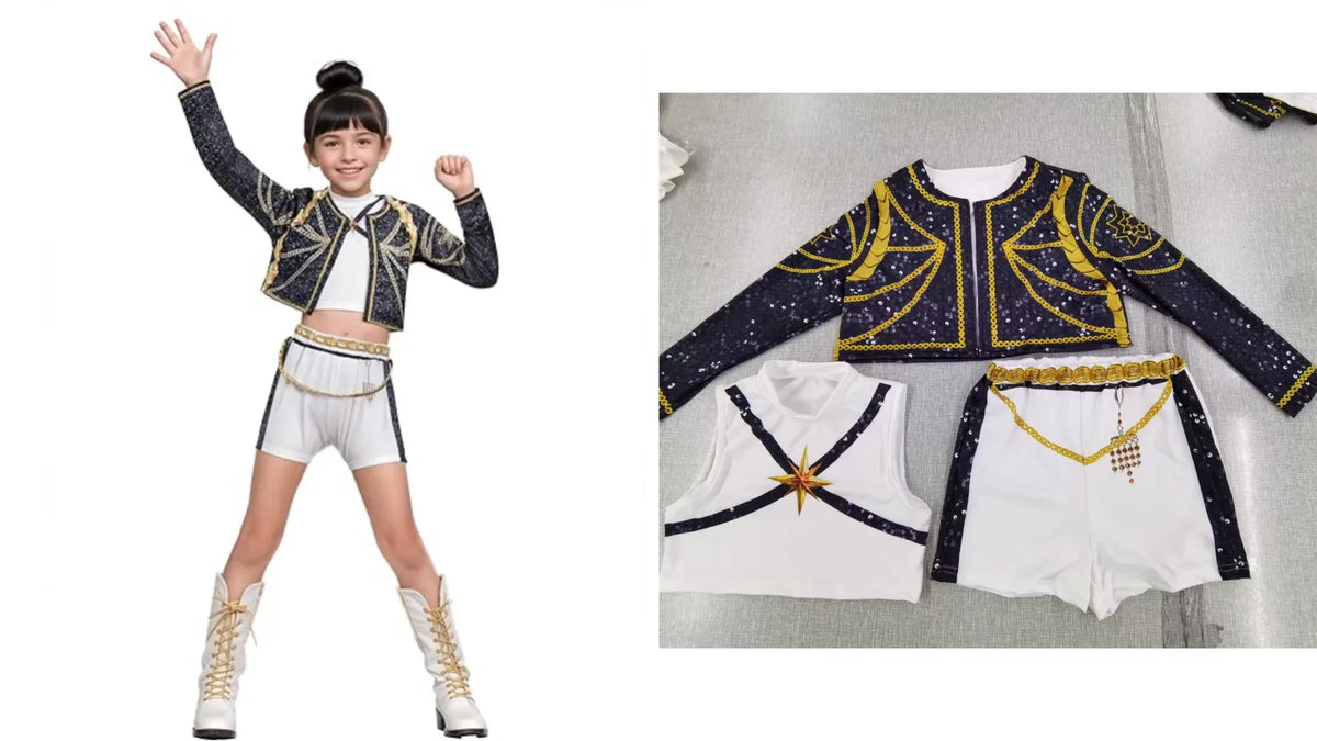 Girls dark blue and gold cosplay jacket with matching shorts and graphic shoulder details