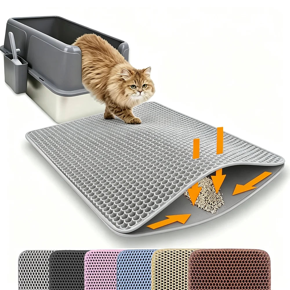 Grey double-layer waterproof cat litter mat with raised honeycomb filter surface