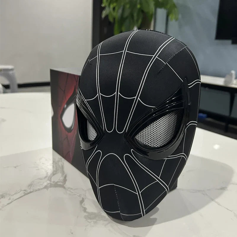 Black Spider-Man electronic face mask with glowing mesh eyes