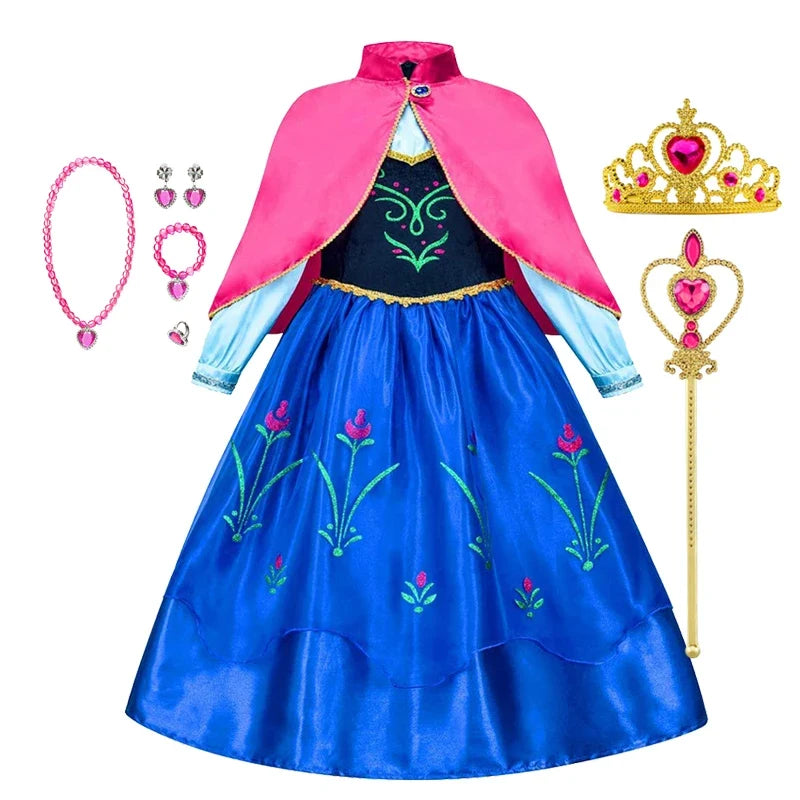 Girls ice princess dress with pink cape, blue skirt, tiara, wand, necklace and earrings