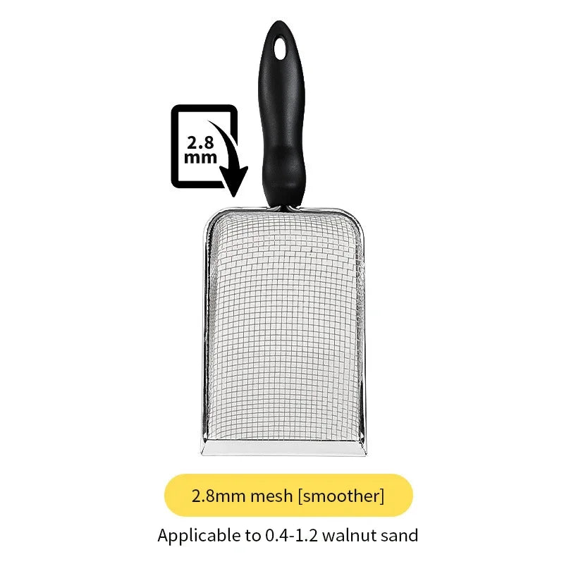 Cat litter sifter with 2.8mm fine mesh screen and black handle, square frame