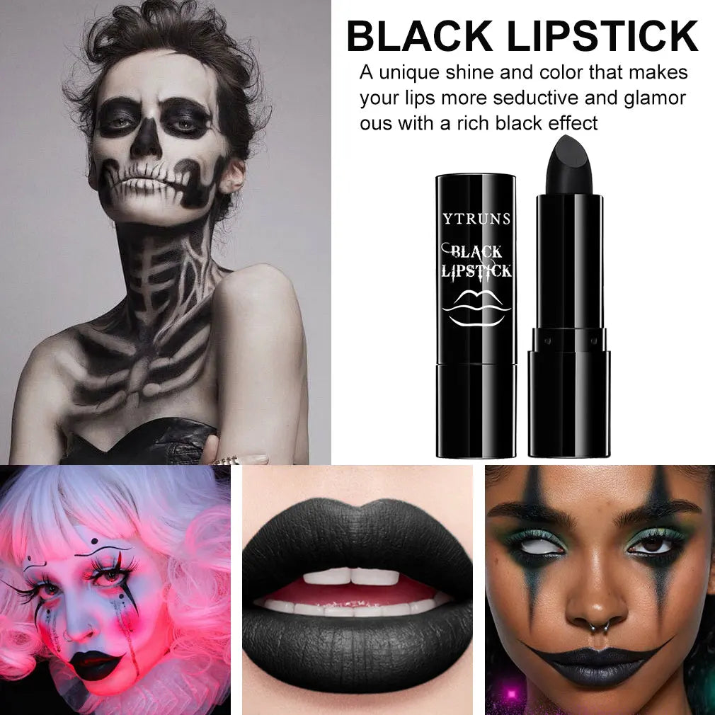 Matte black lipstick set with black tube and bullet, on dark skull makeup lips
