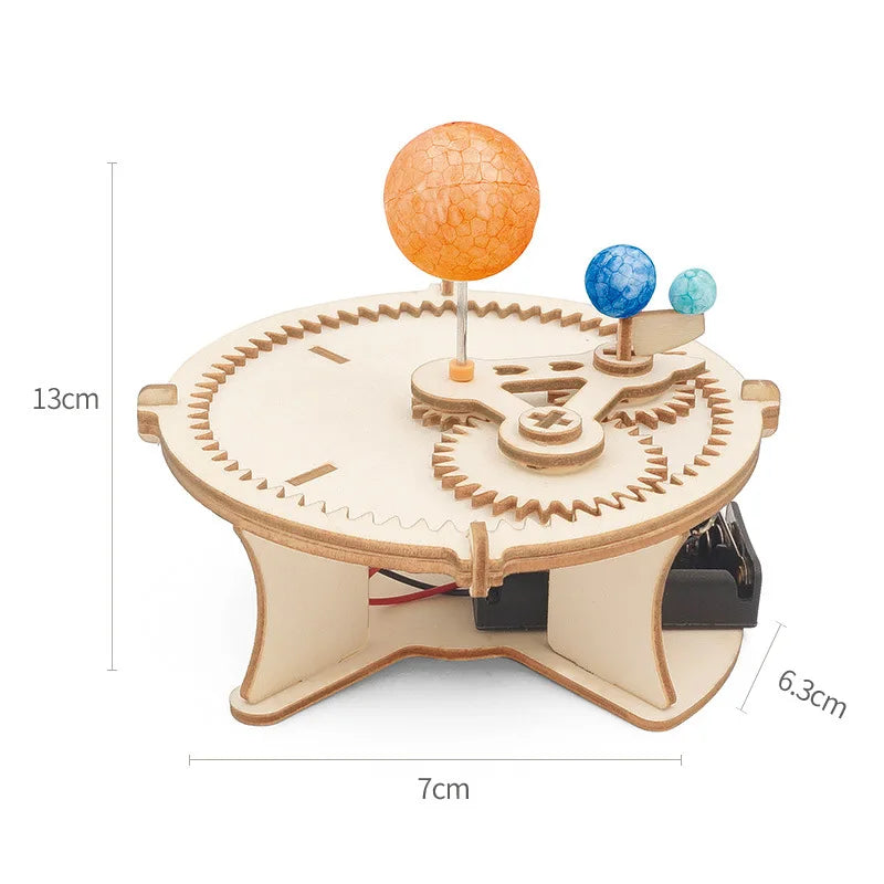 Solar system wooden puzzle kit with beige base, orange and blue planet spheres