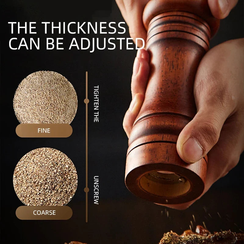 Oak wood pepper mill grinder with adjustable thickness settings, fine to coarse