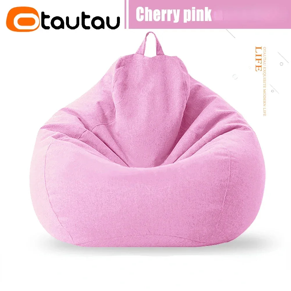 Cherry pink bean bag cover with tapered top and carry handle loop, no filler included
