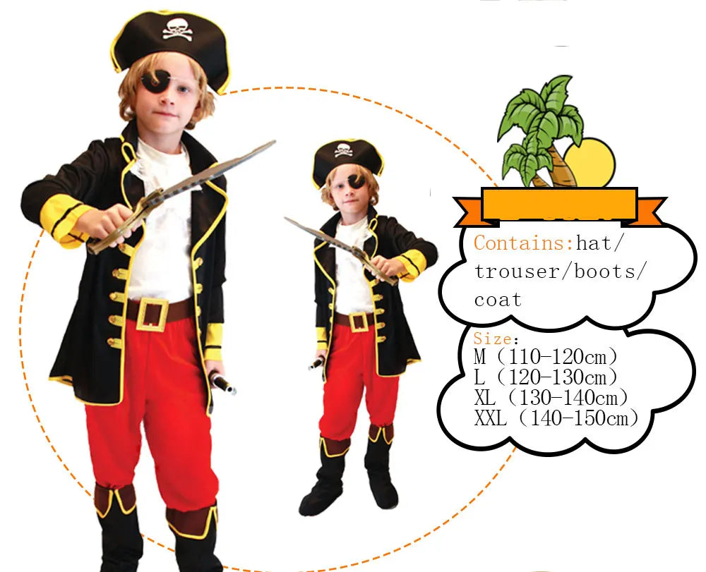Kids pirate outfit with hat and sword: black coat with yellow trim, red pants, boots