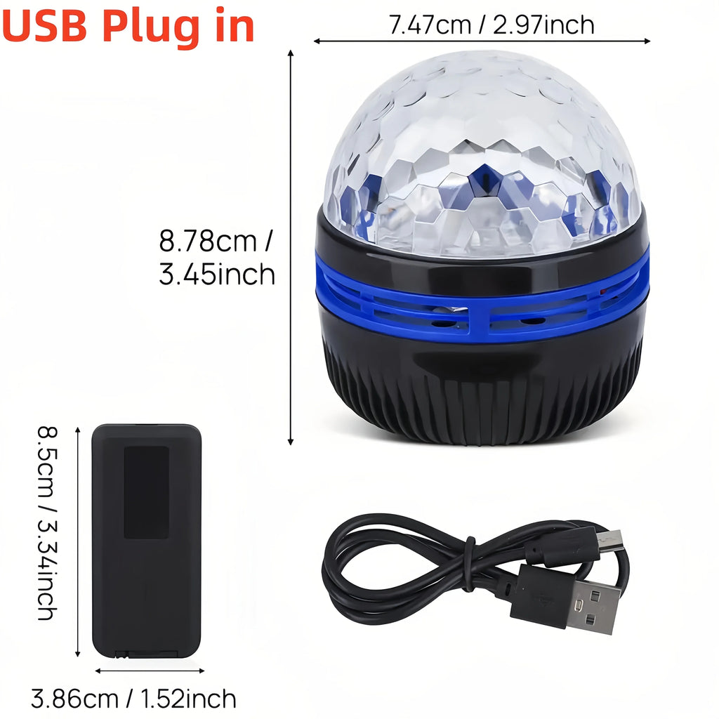 Aurora projector with USB plug, remote unit, and connecting cable, with dimensions