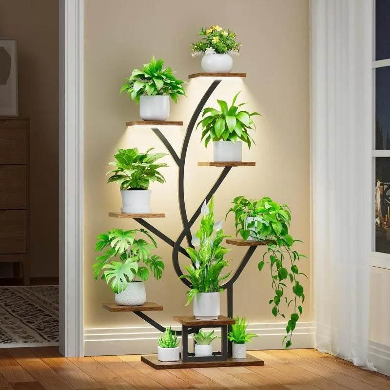 Black metal 8-tier plant stand with wooden shelves, holding potted plants