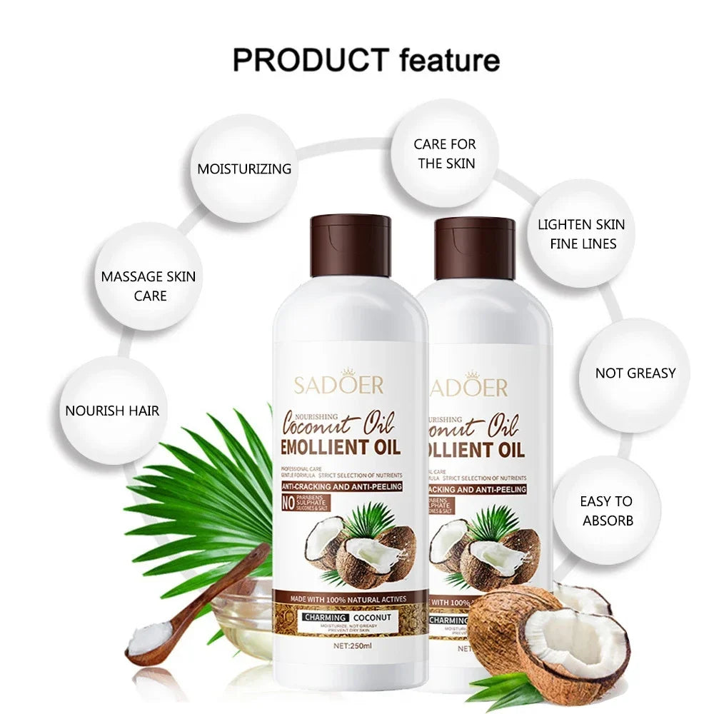 SADOER 250ml coconut emollient oil bottles with coconut halves and green leaves