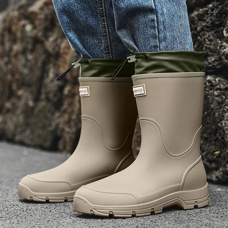 Women's mid-calf rain boots, beige rubber with green drawstring cuff