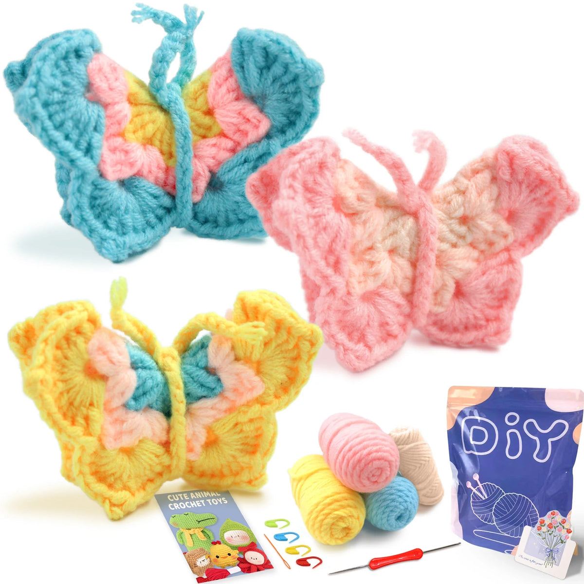 Crochet animal set of colorful butterfly shapes in blue, pink, and yellow