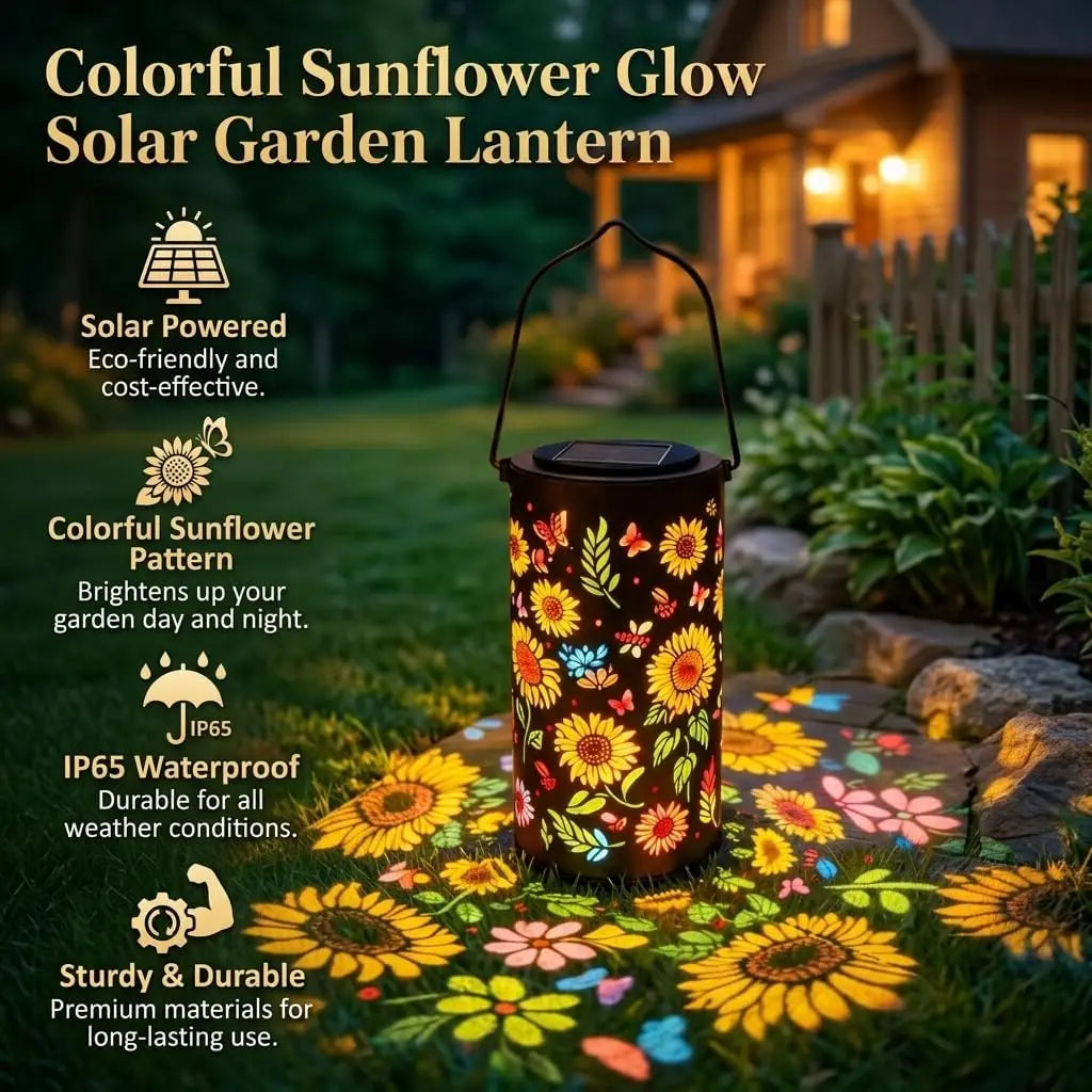Sunflower-pattern solar garden lantern with black lid and hanging handle, glowing light