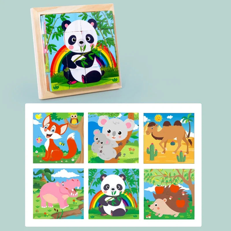 Wooden animal puzzle blocks set with a panda block and jungle animal tile grid