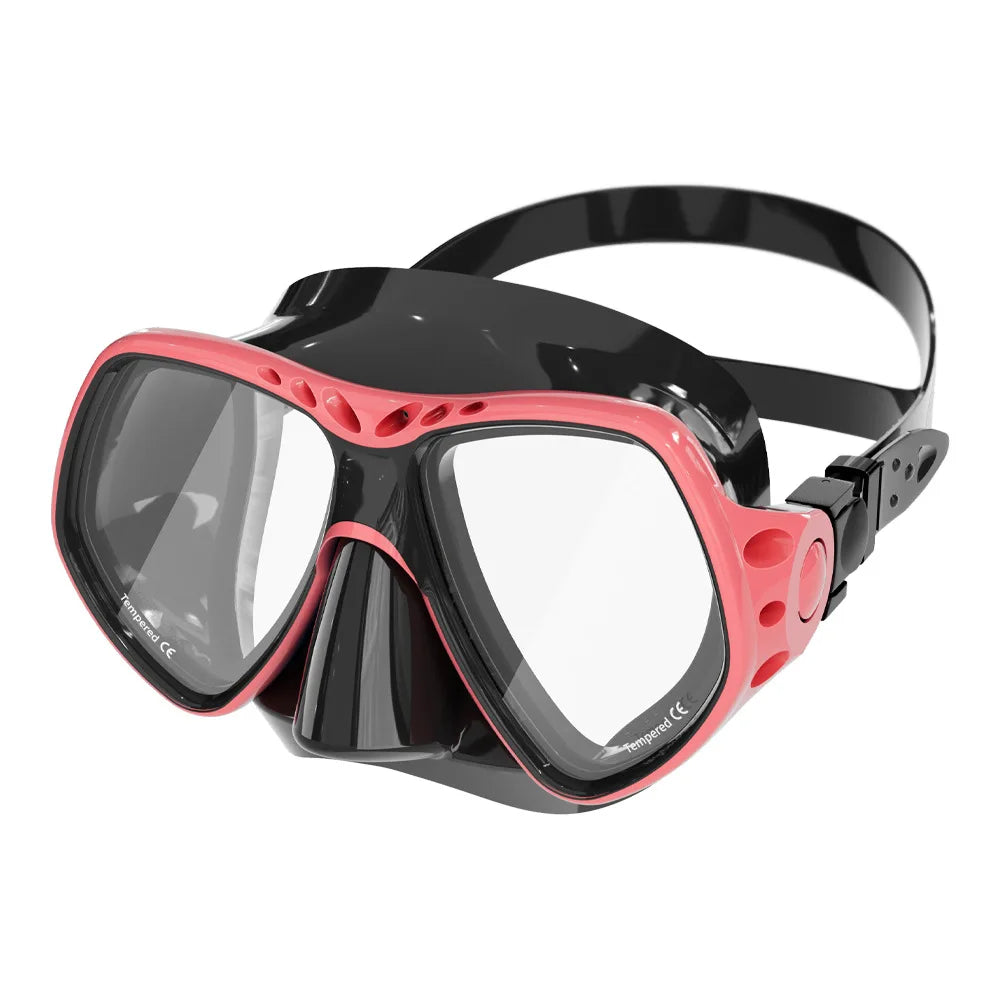 Red silicone scuba diving mask goggles with tempered glass lenses and anti-fog design