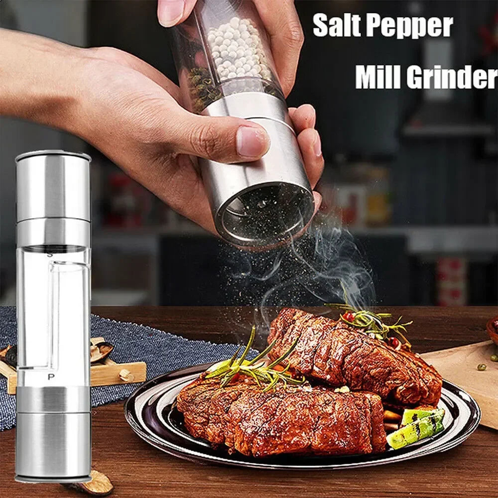 Handheld 2-in-1 stainless steel salt and pepper grinder dispensing spices from top