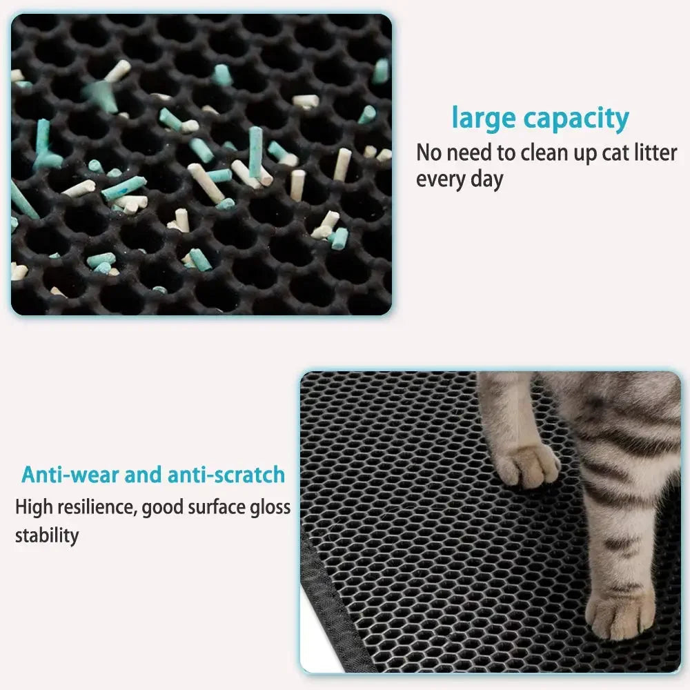 Black cat litter mat with hex grid texture and visible cat paw