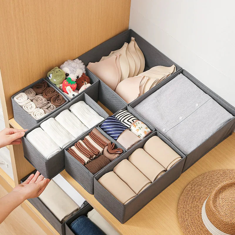 Gray foldable drawer organizers with compartments for folded underwear, socks and bras