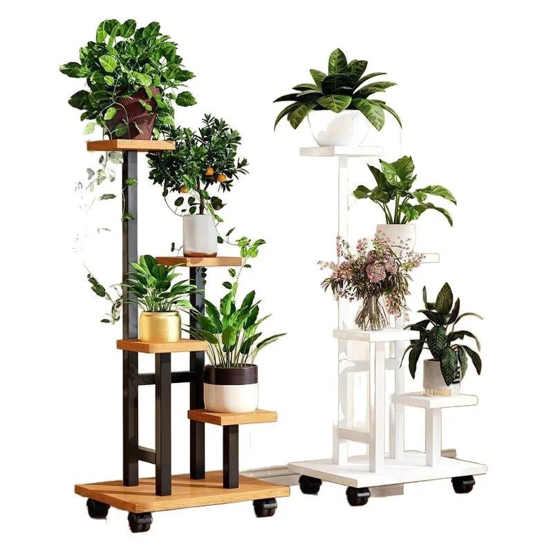 Set of two rolling plant stands: dark frame and white frame with multi-tier shelves.