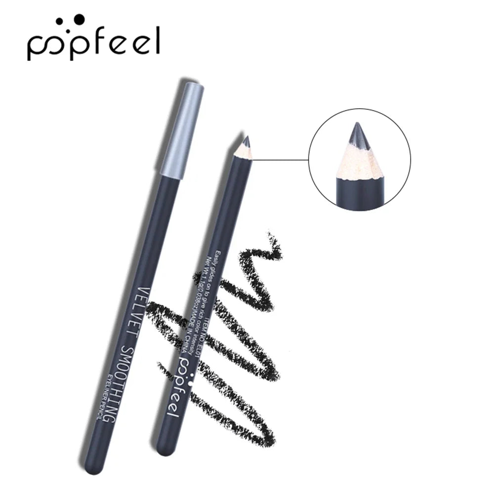 POPFEEL dark eye pencil with a sharpened tip and swatch marks