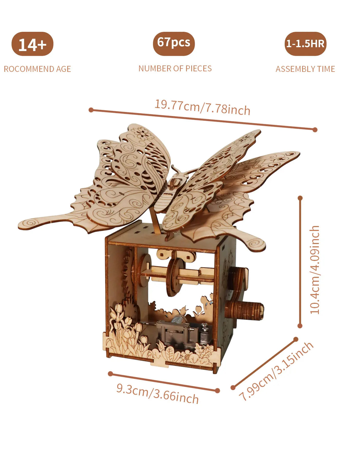 Wooden 3D butterfly music box puzzle with double-butterfly wings and crank handle