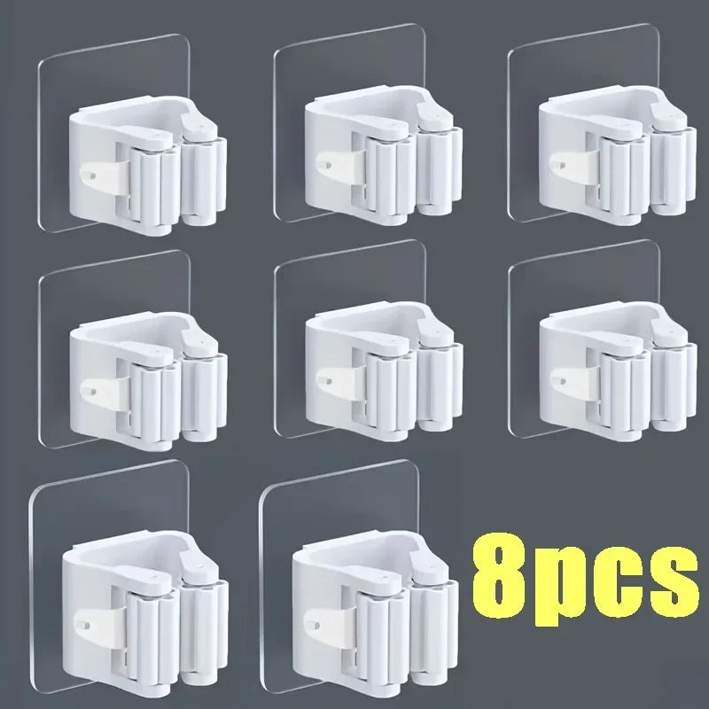 Wall mop and broom holder clips, set of 8, white adhesive organizers