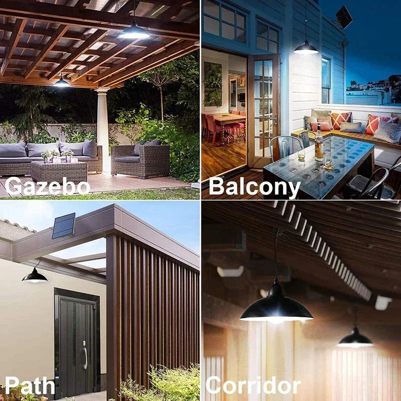 Solar outdoor pendant light with hanging black lamp shade shown on gazebo, balcony, path, corridor