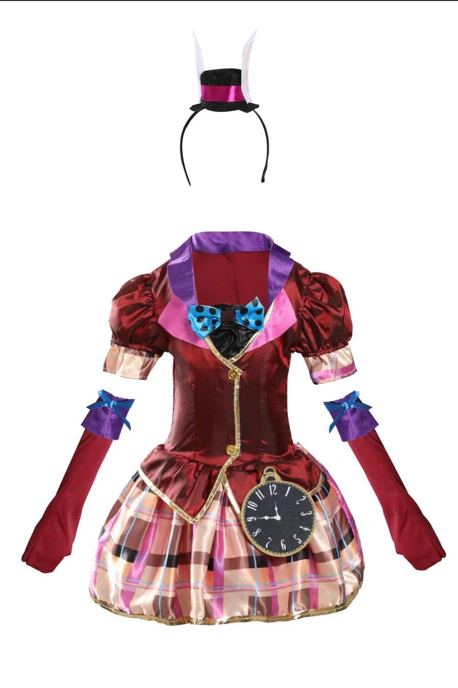 Girls burgundy plaid dress costume set with bunny ear headband and clock applique at back