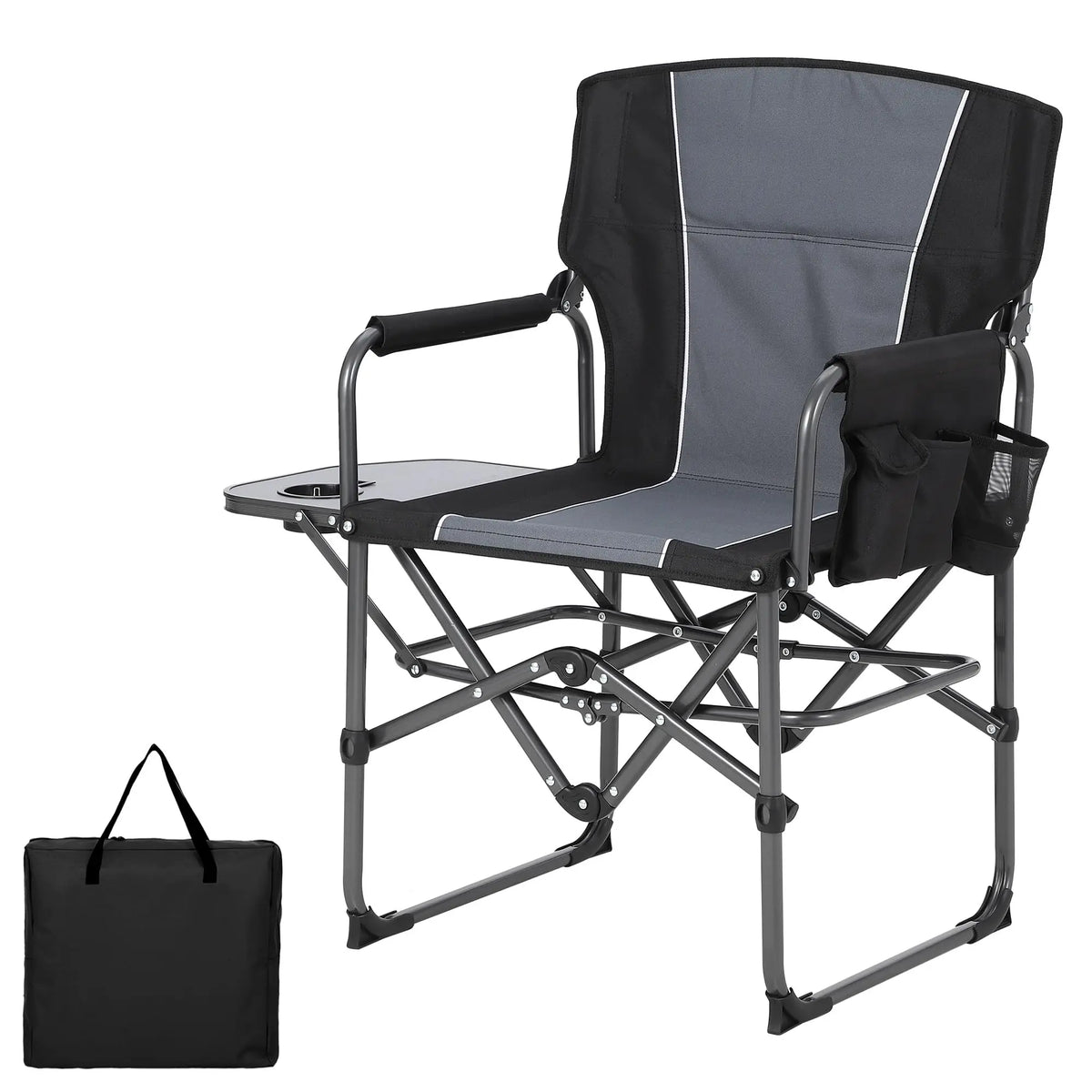 Black folding director camping chair with side table, side pocket, and carry storage bag
