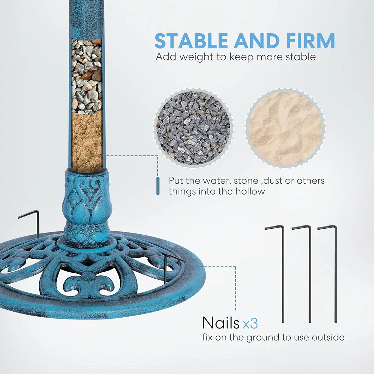 Blue polyresin fountain pedestal base with decorative stand and ground stakes