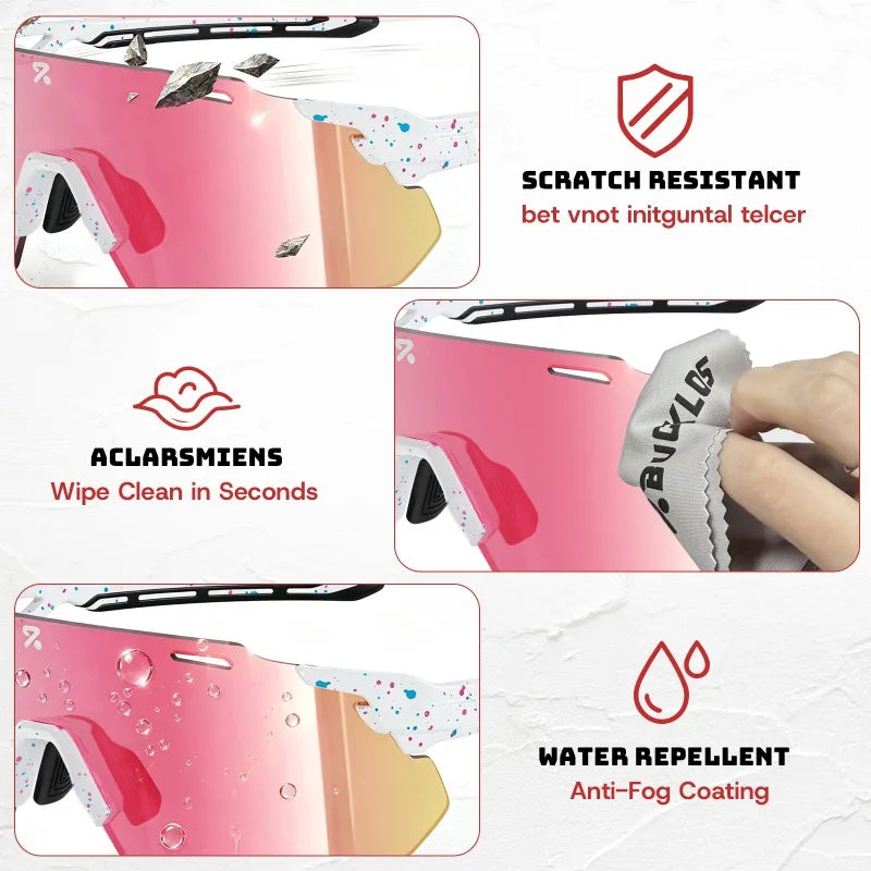 Cycling goggles with pink-tinted mirrored lens and anti-fog, water-repellent design