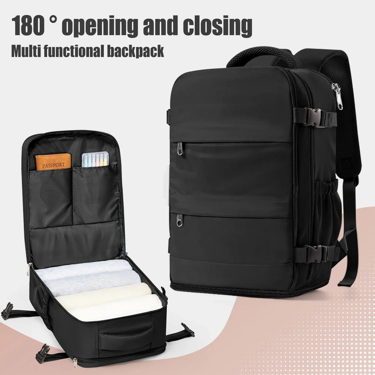 Black travel backpack with open front compartment and padded adjustable shoulder straps