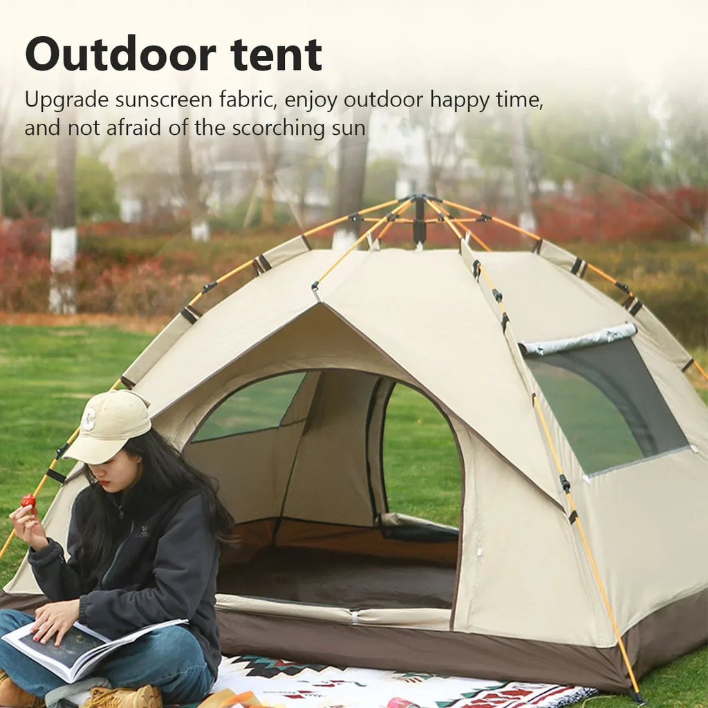 Folding camping tent with beige roof, brown walls, and front mesh window