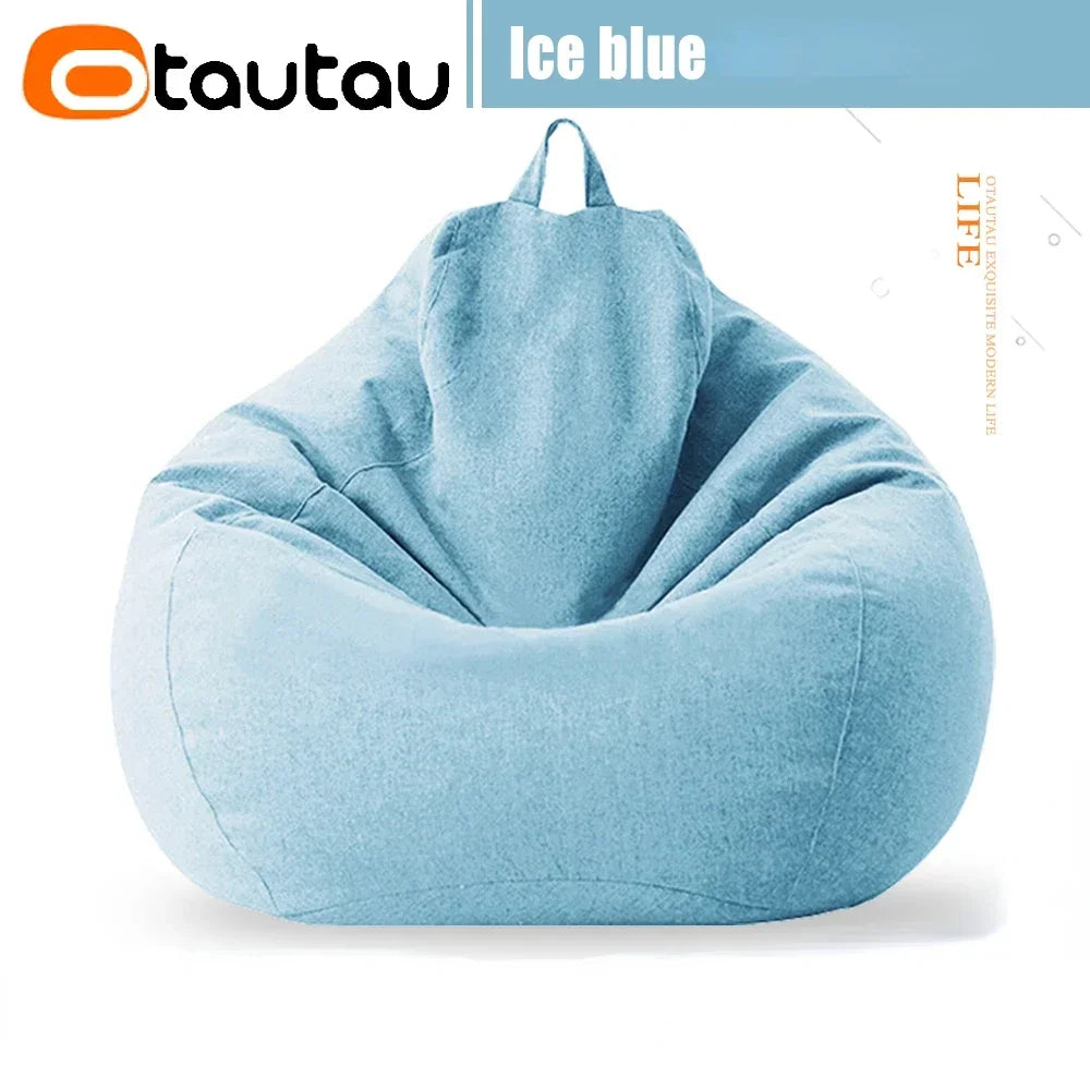 Ice blue bean bag cover with tapered top and carry handle loop, no filler included