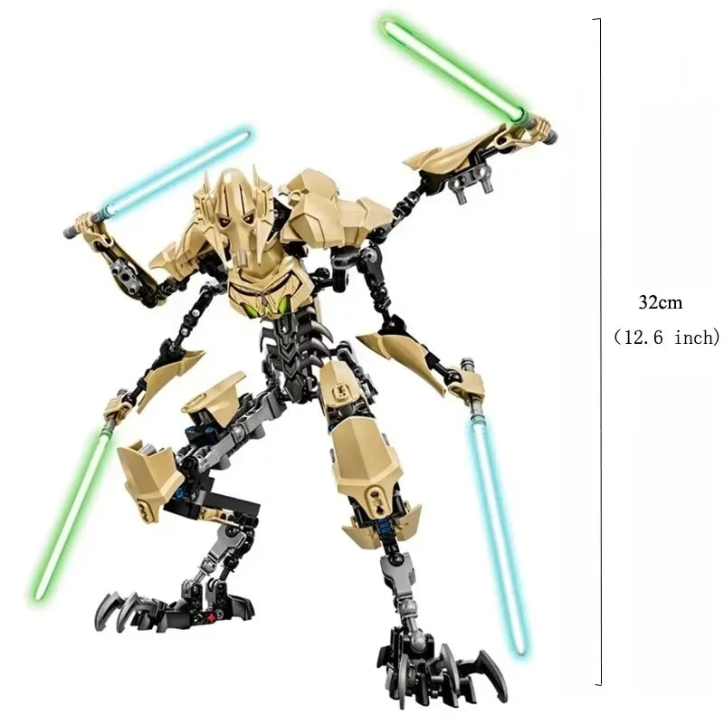 Buildable robot action figure in black and tan armor, posed with three glowing saber blades
