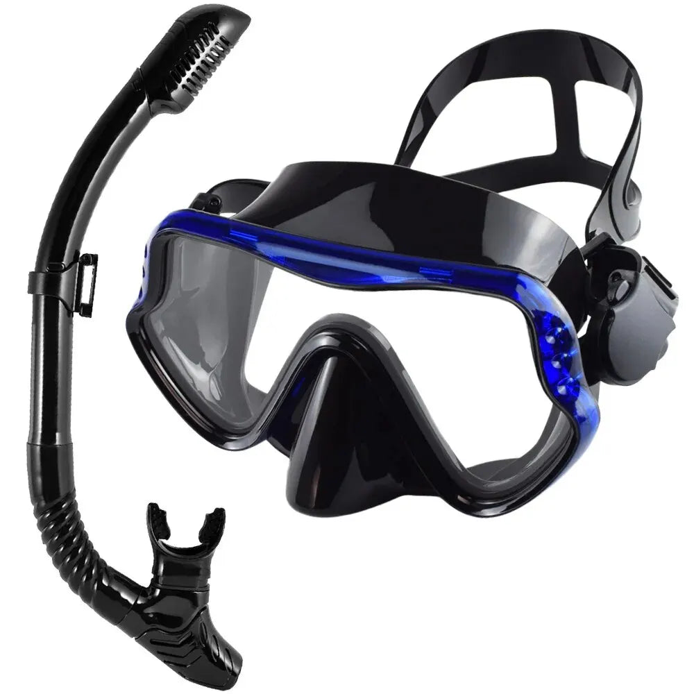 Adults dry snorkeling mask and snorkel set with black frame and blue trim, tempered glass.