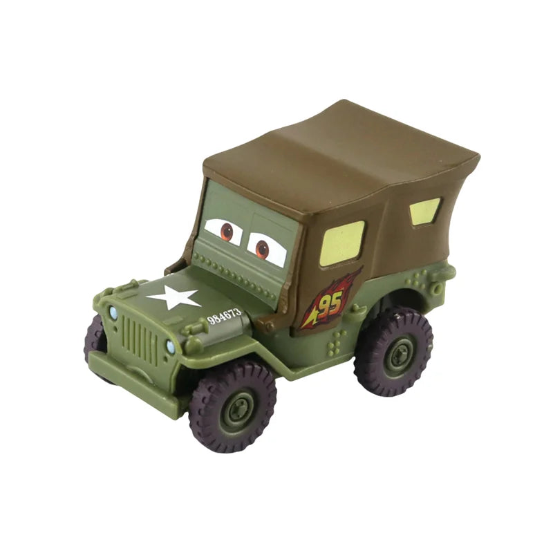 Green diecast race car model with open top and star emblem, front three-quarter view