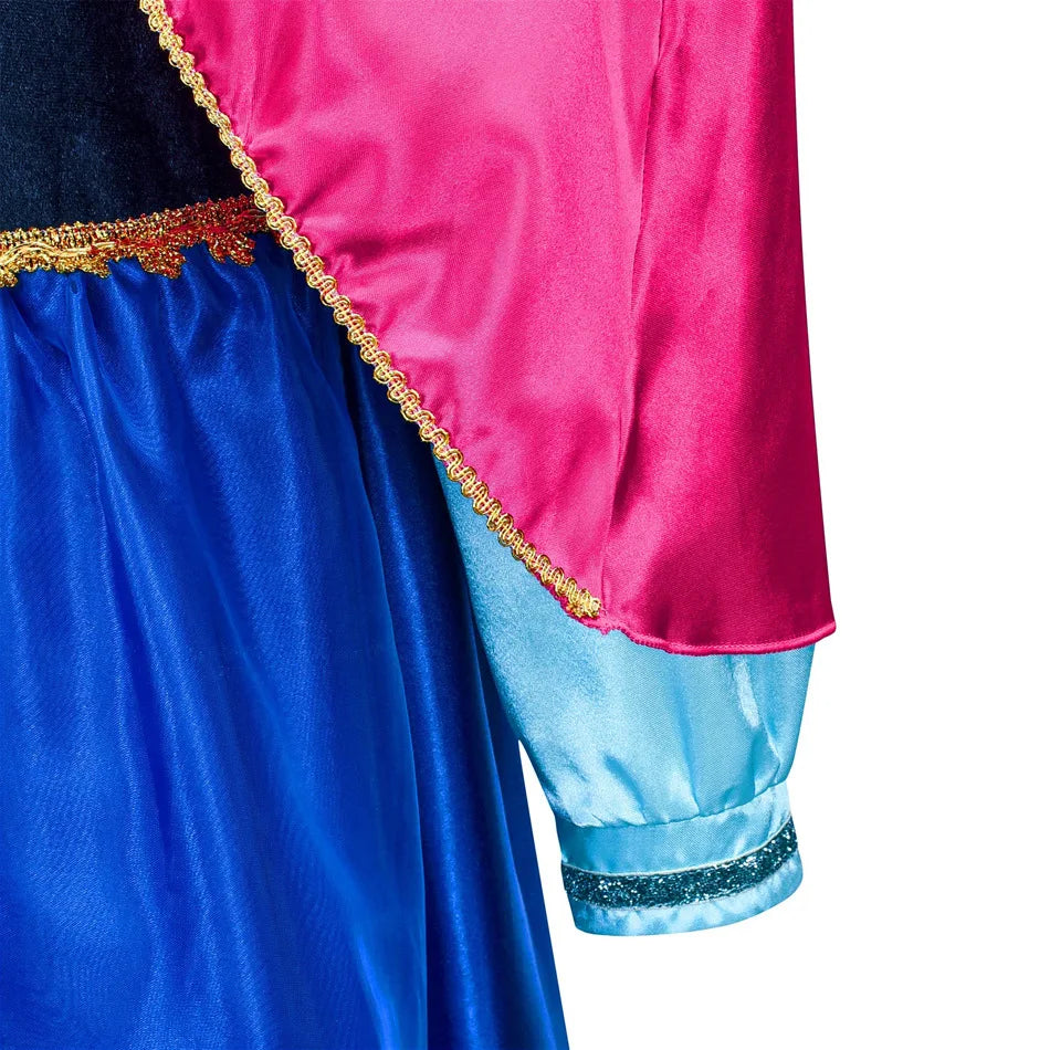 Close-up: pink cape edge with gold trim and light blue sleeve cuff