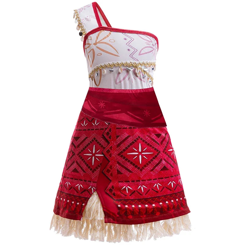 Girls' red patterned Halloween dress with white bodice and layered skirt hem